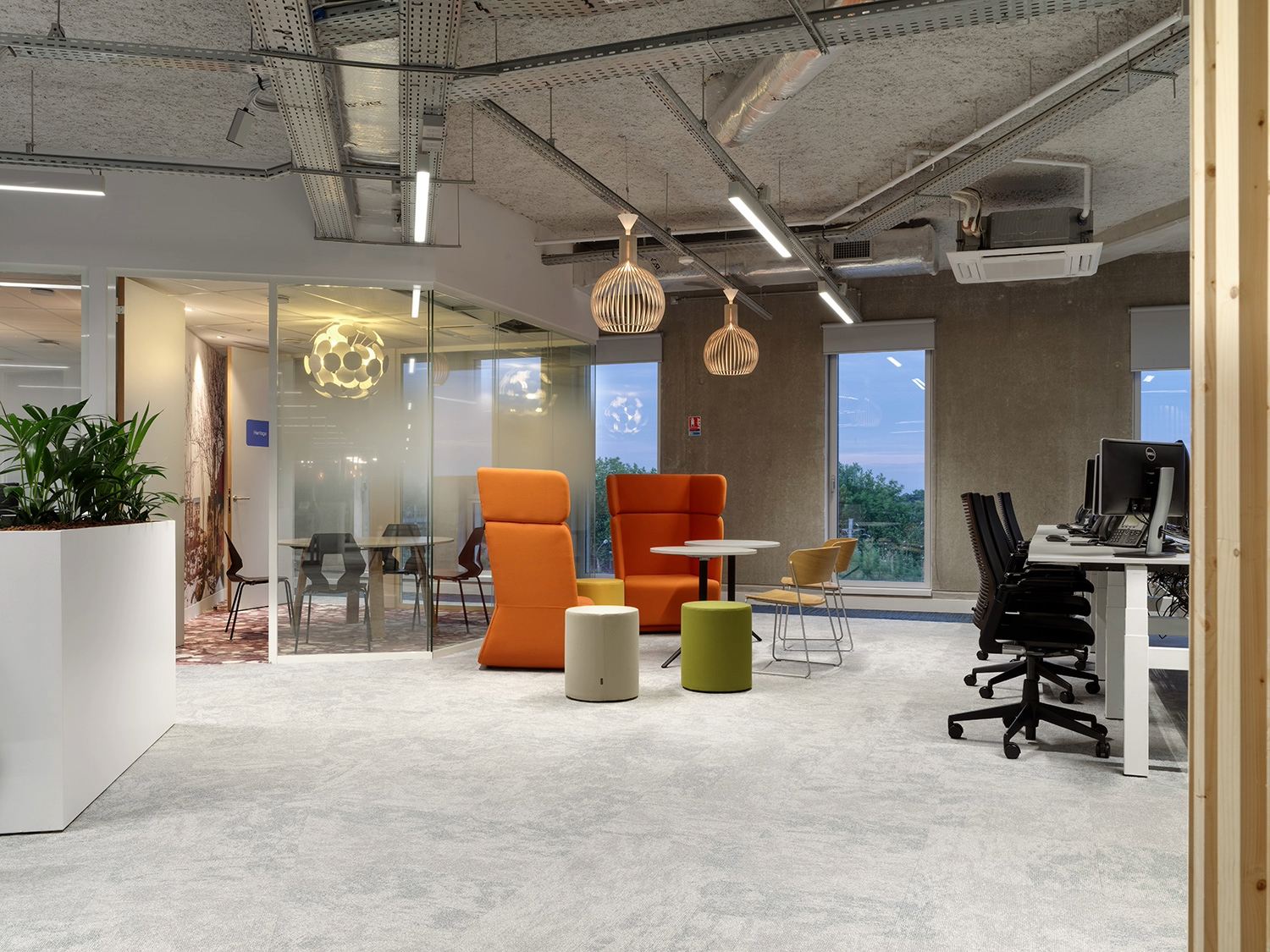 Espace de coworking, mobilier coloré, moquette grise
