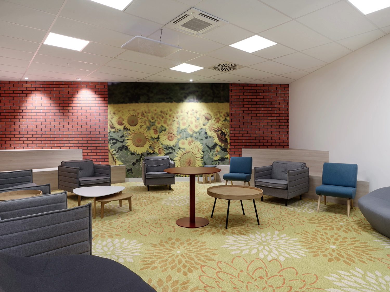 Espace de coworking, mobilier coloré, décoration murale sur mur rouge