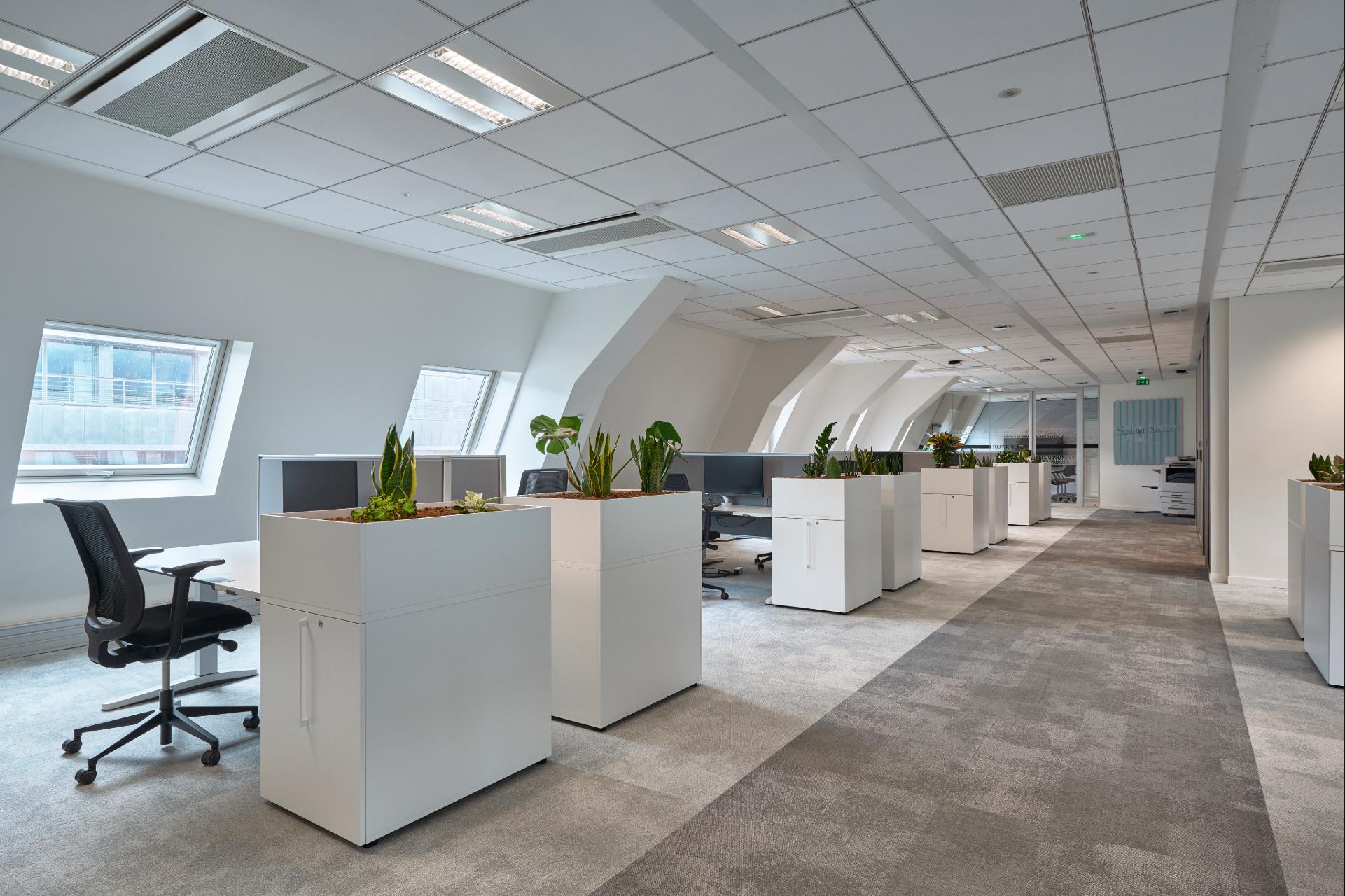 Espace de coworking, bureaux séparés par des grands pots de fleurs rectangulaires blancs