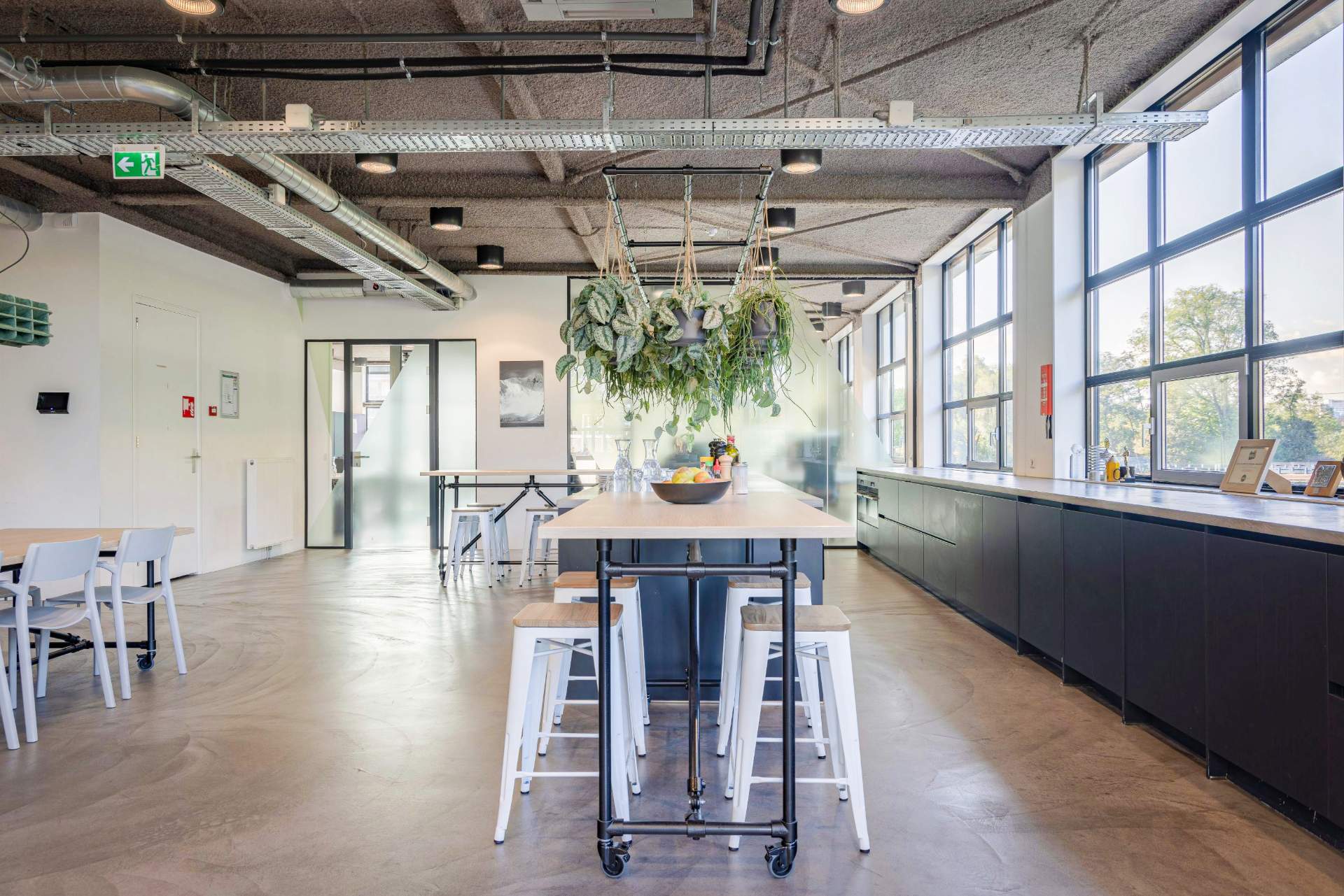 Salle de restauration ou de pause café, avec plantes suspendue au dessus d'une table haute avec tabourets hauts