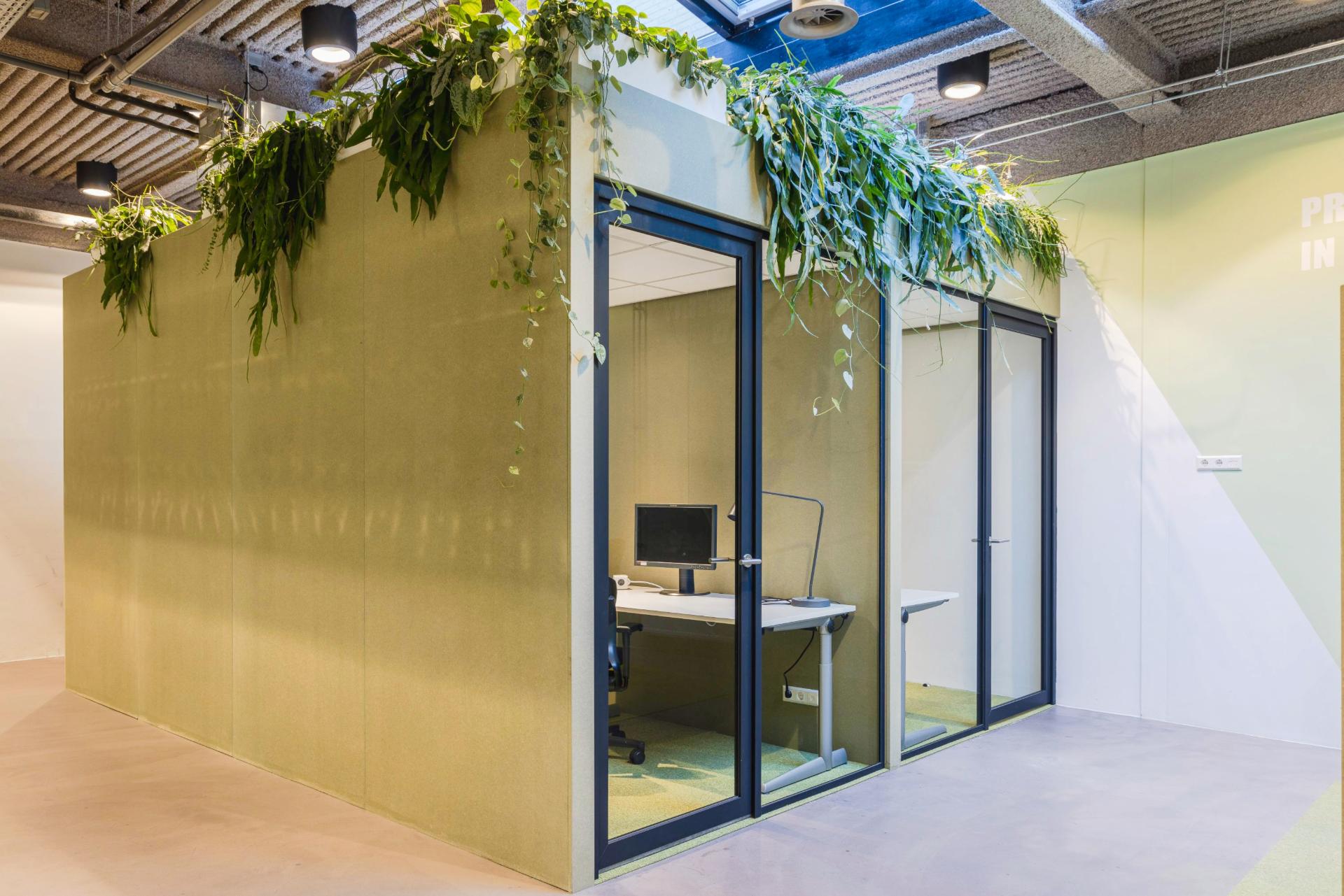2 bulles ou bureau individuel dans un espace cloisonné avec des plantes sur le dessus