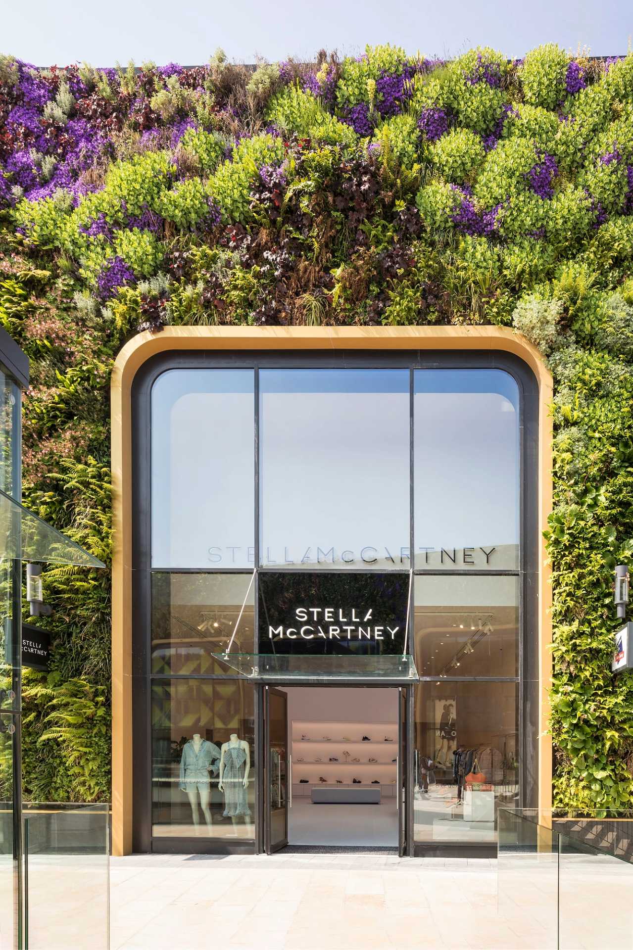 Vitrine du magasin, vue de l'extérieur, avec mur végétal tout autour