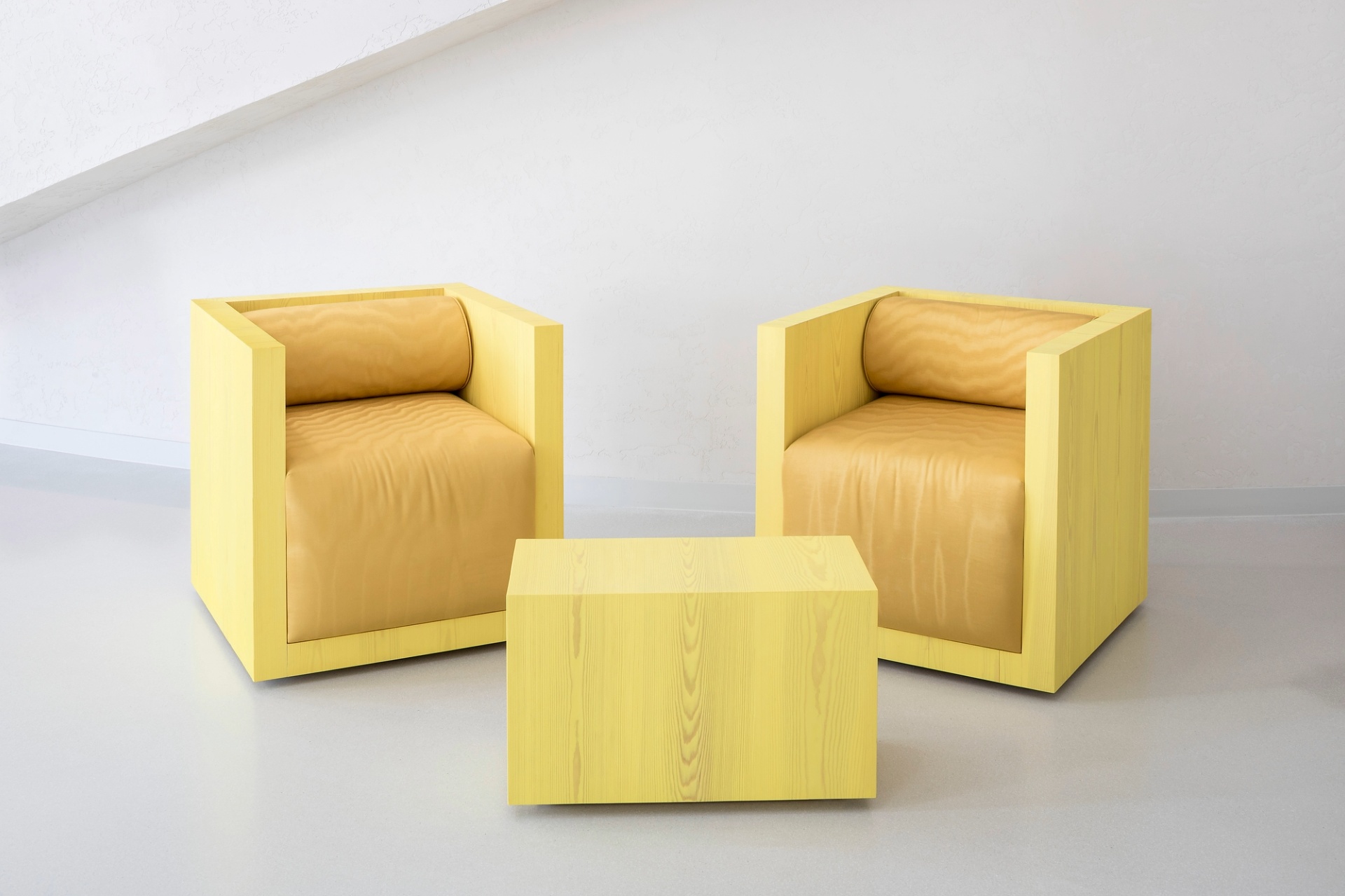 Ensemble de fauteuils carrés en bois peint en jaune, avec la table basse assortie - Maison des métiers d'art