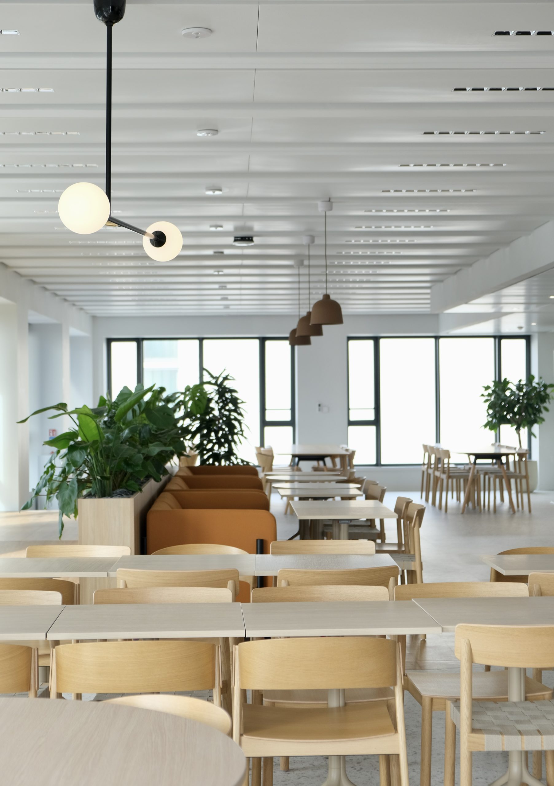 Vu sur une partie de l'espace cafétéria, mobilier blanc et en bois clair