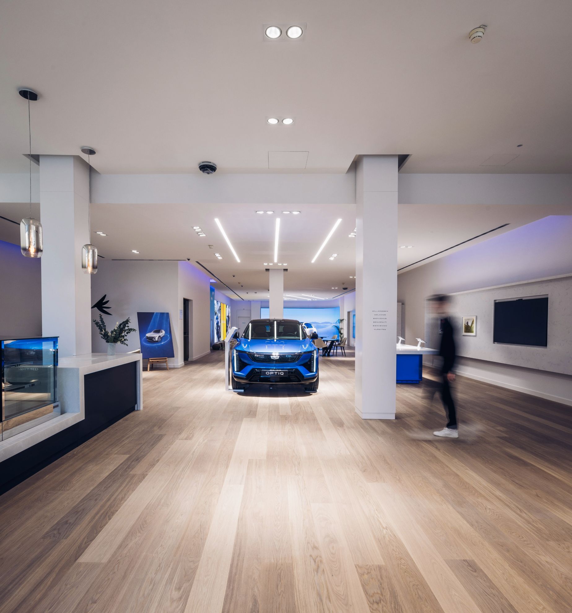 Vue générale du showroom avec un véhicule bleu exposé au centre.