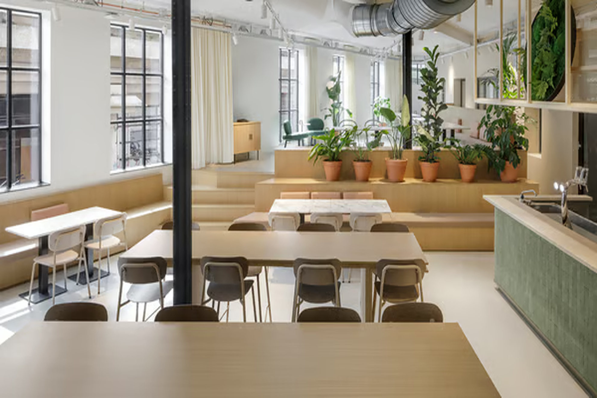 Un espace de restauration avec des plantes et une estrade au fond.