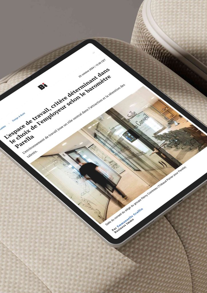 Couverture de l'article du magazine Business immo avec en thème l'article sur l'espace de travail comme critère déterminant dans le choix de l'empoyeur selon le baromètre Parella.