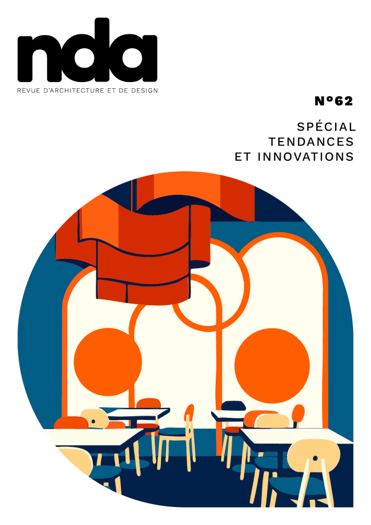 Dossier de presse, couverture du magazine nda pour le numéro 62 avec en couverture spécial tendances et innovations. Image d'une zome cafétéria avec une virophanie et une lampe.